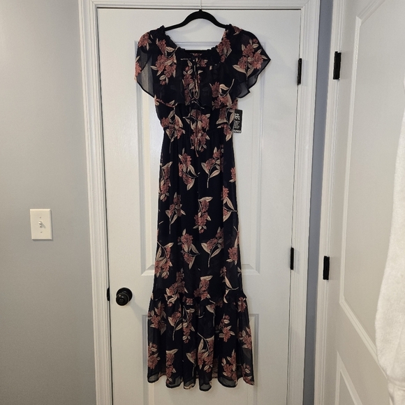Express Shortsleeve Midi Dress Cinched Waist Black With Floral Design Size S NWT - Picture 3 of 15